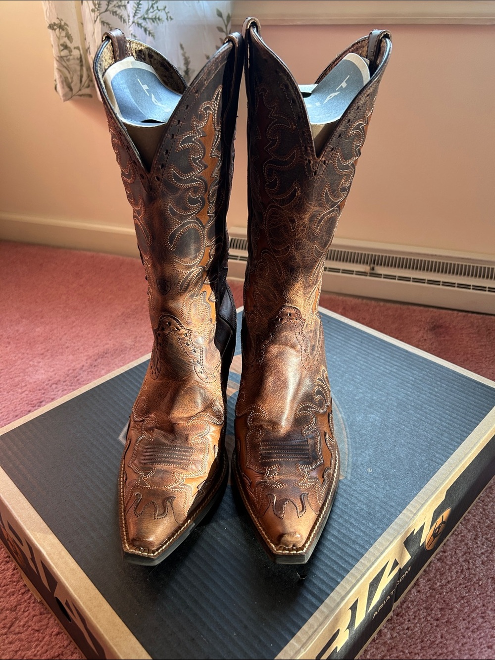 Ariat Brown Tan Embossed Leather Western Heeled Boots